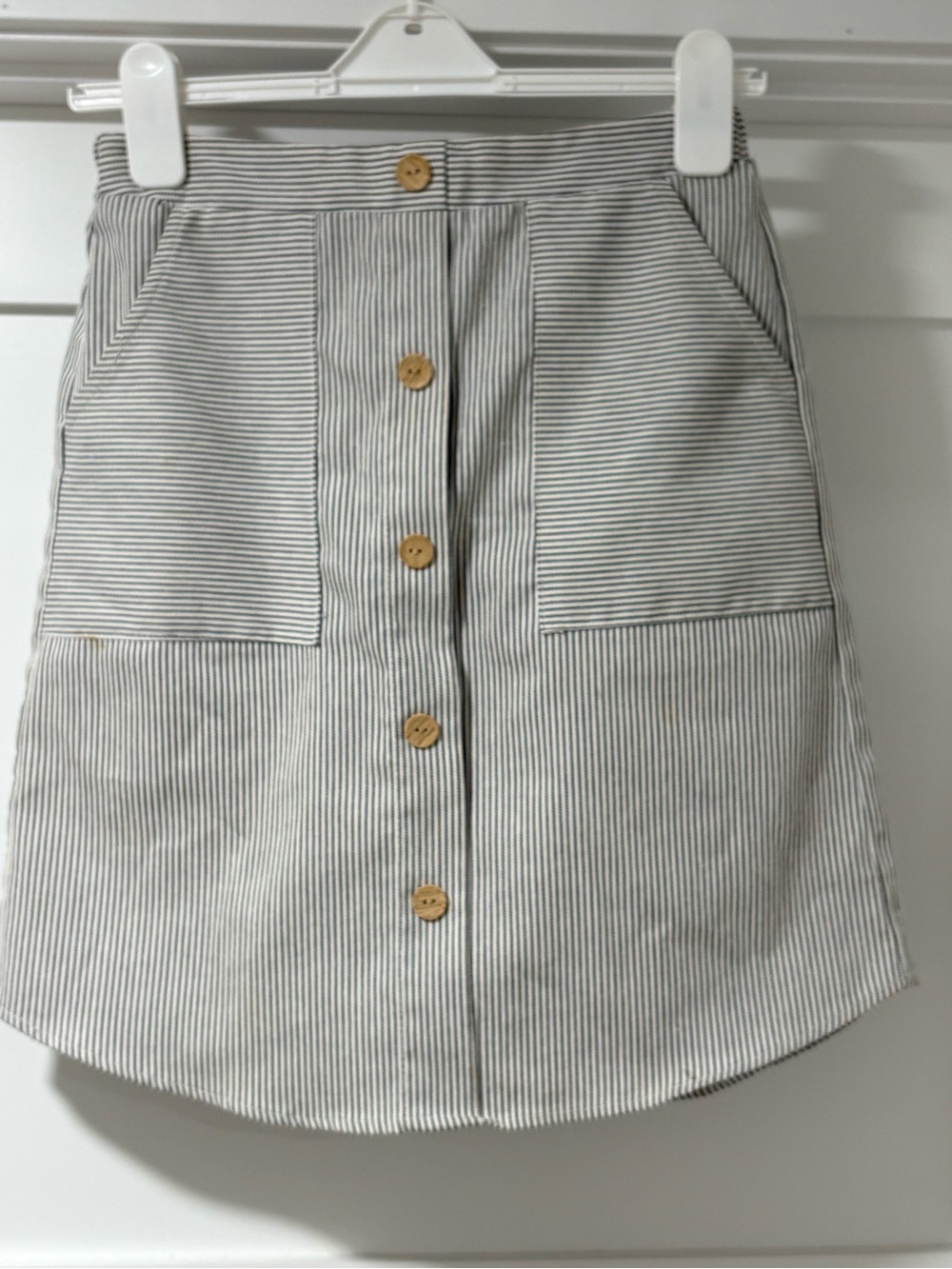 Potter's Pot Neutral-Striped Button Front Midi Skirt with pockets